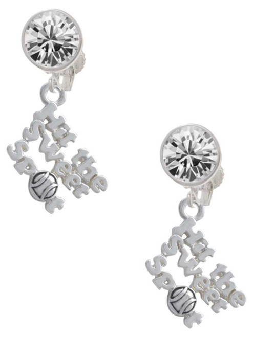 Silver Plated Hit the Sweet Spot with Softball - Crystal Clip on Earrings: Color Choice - Red, Green, Blue, Purple, Pink, Clear, Black