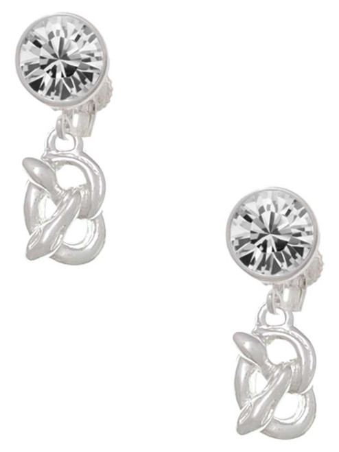 Silver Plated 3-D Pretzel - Crystal Clip on Earrings: Color Choice - Red, Green, Blue, Purple, Pink, Clear, Black