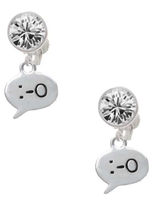 Silver Plated Emoticon :-O - Surprise - Crystal Clip on Earrings: Color Choice - Red, Green, Blue, Purple, Pink, Clear, Black