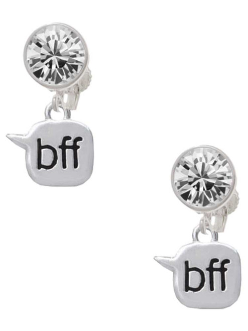Silver Plated Text Chat - bff - Best Friends Forever - Crystal Clip on Earrings: Color Choice - Red, Green, Blue, Purple, Pink, Clear, Black