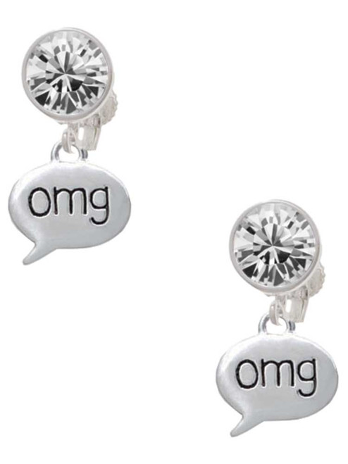 Silver Plated Text Chat - omg - Oh My God - Crystal Clip on Earrings: Color Choice - Red, Green, Blue, Purple, Pink, Clear, Black