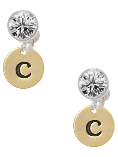 Gold-tone Disc 1/2'' Initial - c - Crystal Clip on Earrings: Color Choice - Red, Green, Blue, Purple, Pink, Clear, Black