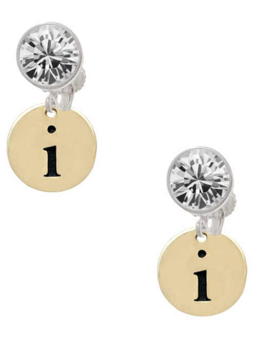 Gold-tone Disc 1/2'' Initial - i - Crystal Clip on Earrings: Color Choice - Red, Green, Blue, Purple, Pink, Clear, Black