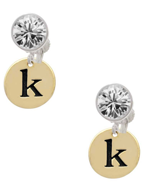 Gold-tone Disc 1/2'' Initial - k - Crystal Clip on Earrings: Color Choice - Red, Green, Blue, Purple, Pink, Clear, Black
