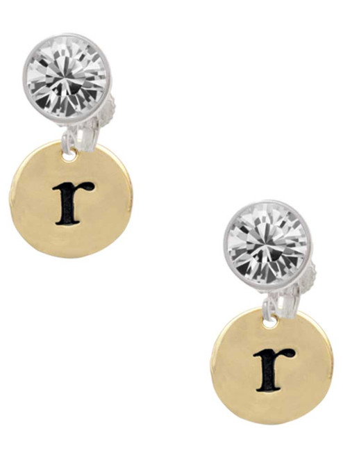 Gold-tone Disc 1/2'' Initial - r - Crystal Clip on Earrings: Color Choice - Red, Green, Blue, Purple, Pink, Clear, Black