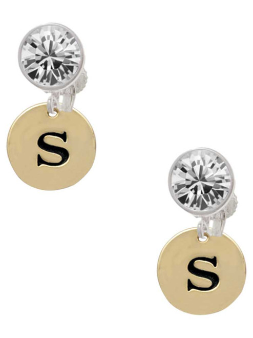 Gold-tone Disc 1/2'' Initial - s - Crystal Clip on Earrings: Color Choice - Red, Green, Blue, Purple, Pink, Clear, Black