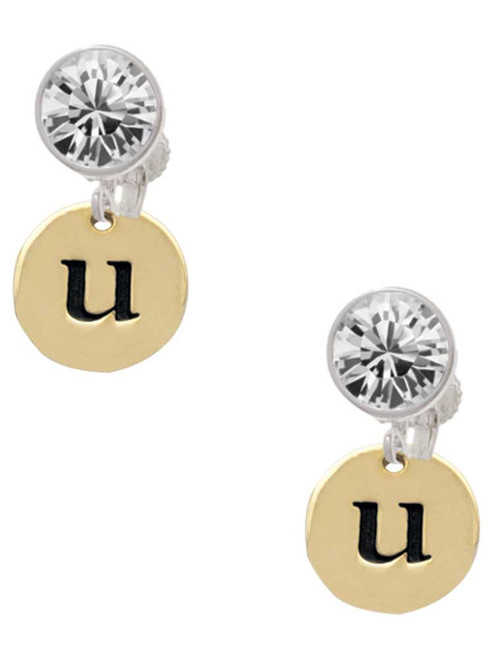 Gold-tone Disc 1/2'' Initial - u - Crystal Clip on Earrings: Color Choice - Red, Green, Blue, Purple, Pink, Clear, Black