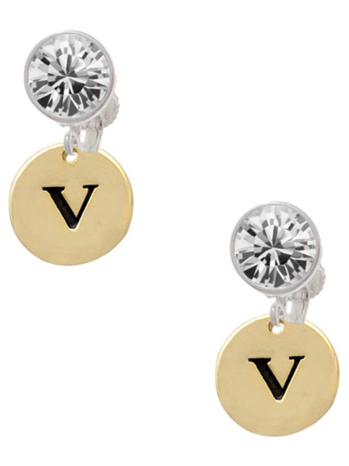 Gold-tone Disc 1/2'' Initial - v - Crystal Clip on Earrings: Color Choice - Red, Green, Blue, Purple, Pink, Clear, Black