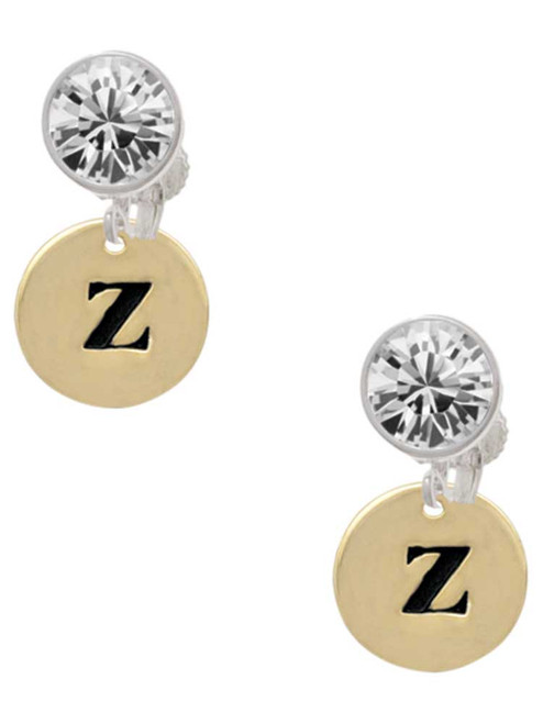 Gold-tone Disc 1/2'' Initial - z - Crystal Clip on Earrings: Color Choice - Red, Green, Blue, Purple, Pink, Clear, Black