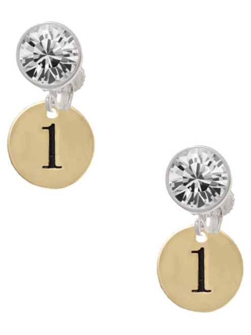 Gold-tone Disc 1/2'' Number - 1 - Crystal Clip on Earrings: Color Choice - Red, Green, Blue, Purple, Pink, Clear, Black