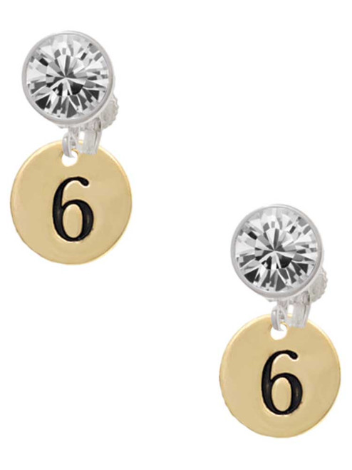 Gold-tone Disc 1/2'' Number - 6 - Crystal Clip on Earrings: Color Choice - Red, Green, Blue, Purple, Pink, Clear, Black