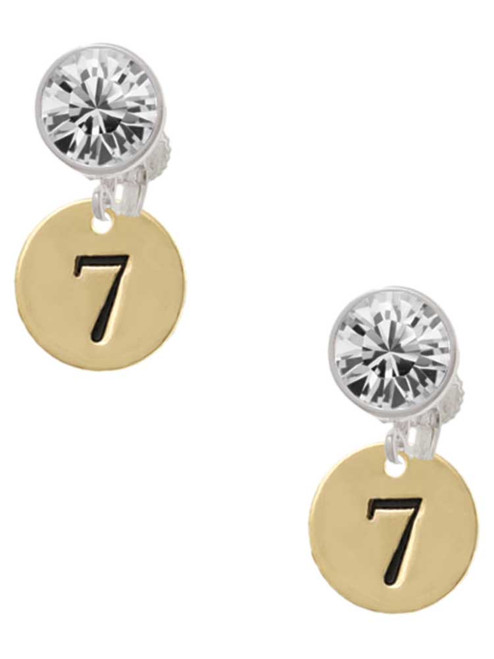Gold-tone Disc 1/2'' Number - 7 - Crystal Clip on Earrings: Color Choice - Red, Green, Blue, Purple, Pink, Clear, Black