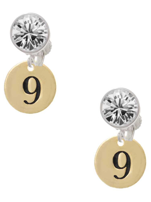 Gold-tone Disc 1/2'' Number - 9 - Crystal Clip on Earrings: Color Choice - Red, Green, Blue, Purple, Pink, Clear, Black