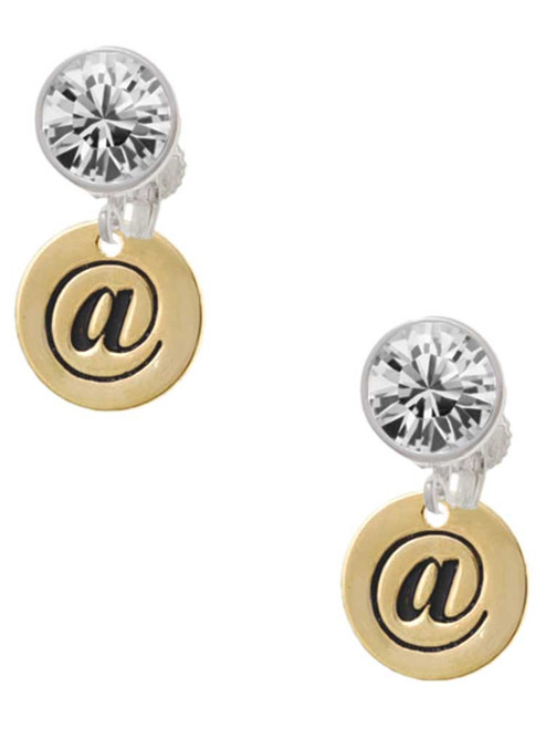 Gold-tone Disc 1/2'' - Symbol - At Sign - @ - Crystal Clip on Earrings: Color Choice - Red, Green, Blue, Purple, Pink, Clear, Black