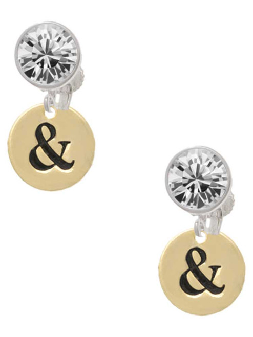 Gold-tone Disc 1/2'' - Symbol - Ampersand - & - Crystal Clip on Earrings: Color Choice - Red, Green, Blue, Purple, Pink, Clear, Black