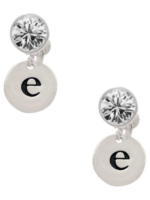 Silver Plated Disc Initial - e - Crystal Clip on Earrings: Color Choice - Red, Green, Blue, Purple, Pink, Clear, Black