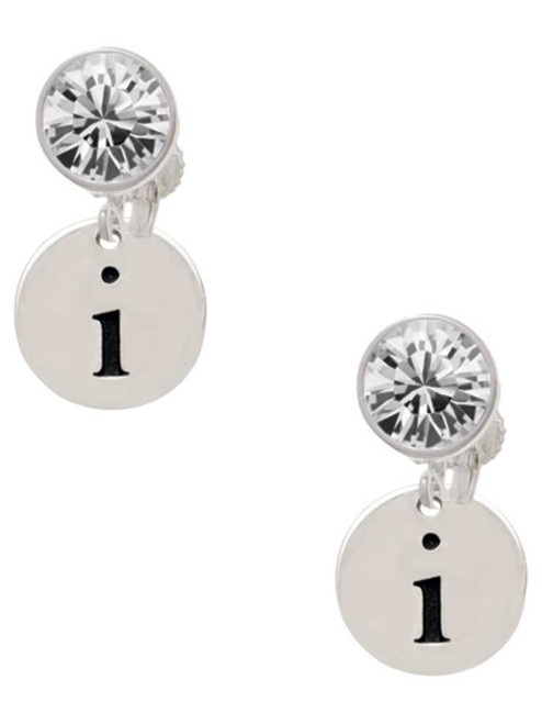 Silver Plated Disc Initial - i - Crystal Clip on Earrings: Color Choice - Red, Green, Blue, Purple, Pink, Clear, Black