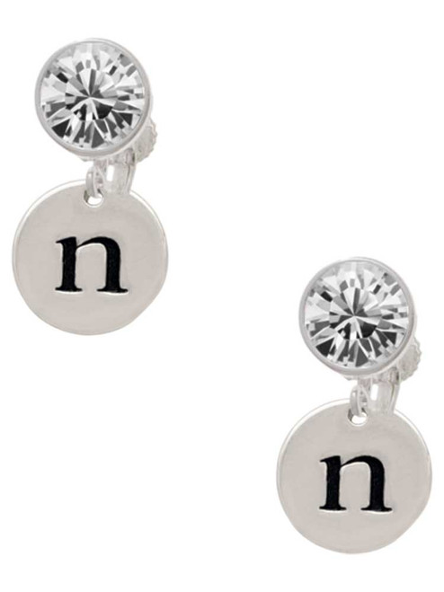 Silver Plated Disc Initial - n - Crystal Clip on Earrings: Color Choice - Red, Green, Blue, Purple, Pink, Clear, Black