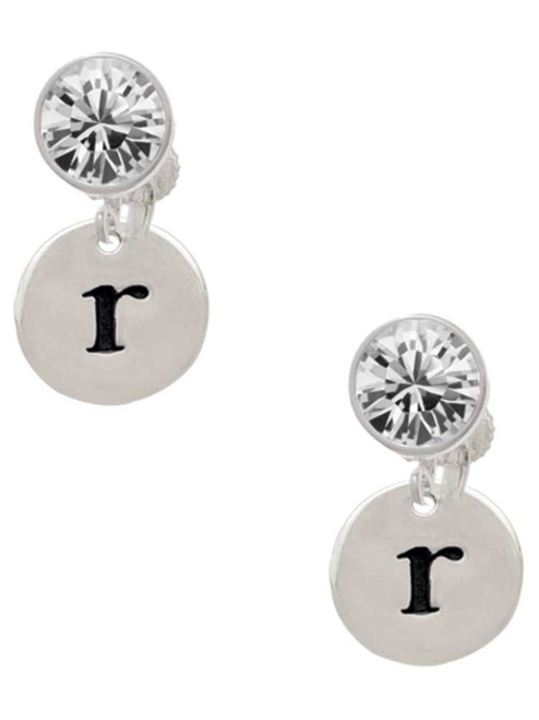 Silver Plated Disc Initial - r - Crystal Clip on Earrings: Color Choice - Red, Green, Blue, Purple, Pink, Clear, Black