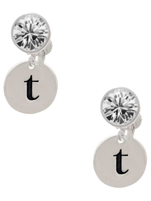 Silver Plated Disc Initial - t - Crystal Clip on Earrings: Color Choice - Red, Green, Blue, Purple, Pink, Clear, Black