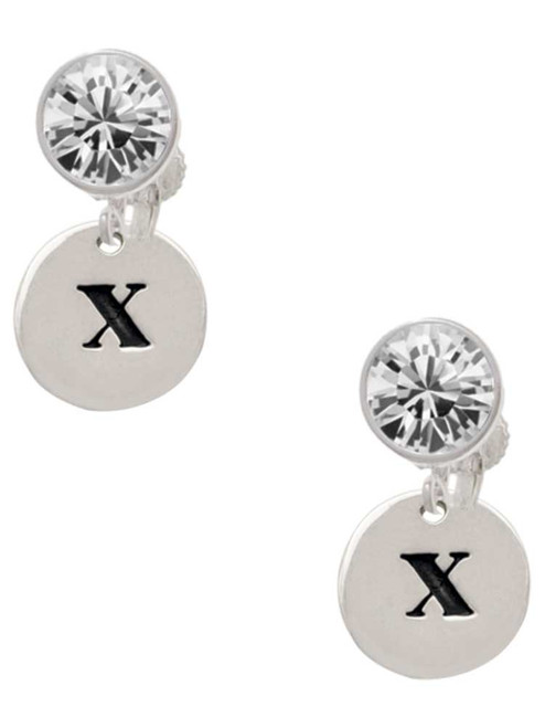 Silver Plated Disc Initial - x - Crystal Clip on Earrings: Color Choice - Red, Green, Blue, Purple, Pink, Clear, Black