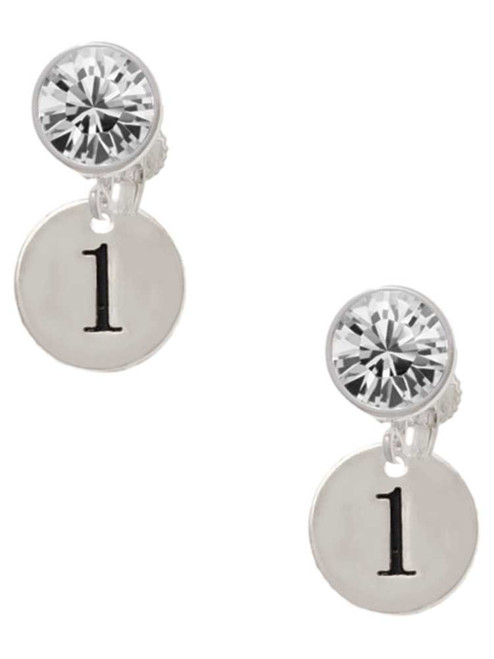 Silver Plated Disc Number - 1 - Crystal Clip on Earrings: Color Choice - Red, Green, Blue, Purple, Pink, Clear, Black