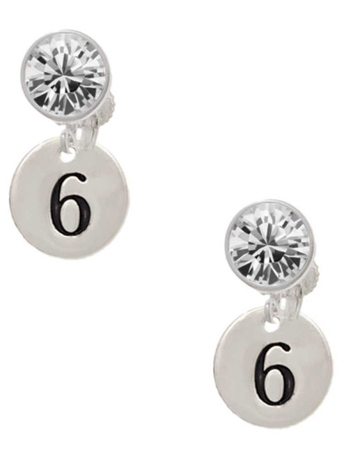 Silver Plated Disc Number - 6 - Crystal Clip on Earrings: Color Choice - Red, Green, Blue, Purple, Pink, Clear, Black