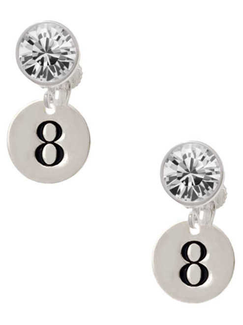 Silver Plated Disc Number - 8 - Crystal Clip on Earrings: Color Choice - Red, Green, Blue, Purple, Pink, Clear, Black