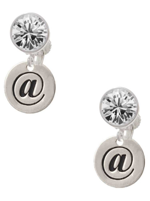 Silver Plated Disc - Symbol - At Sign - @ - Crystal Clip on Earrings: Color Choice - Red, Green, Blue, Purple, Pink, Clear, Black