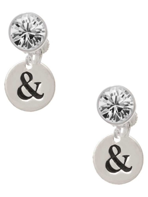 Silver Plated Disc - Symbol - Ampersand - & - Crystal Clip on Earrings: Color Choice - Red, Green, Blue, Purple, Pink, Clear, Black
