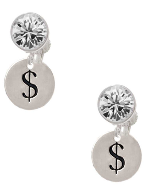 Silver Plated Disc - Symbol - Dollar Sign - $ - Crystal Clip on Earrings: Color Choice - Red, Green, Blue, Purple, Pink, Clear, Black