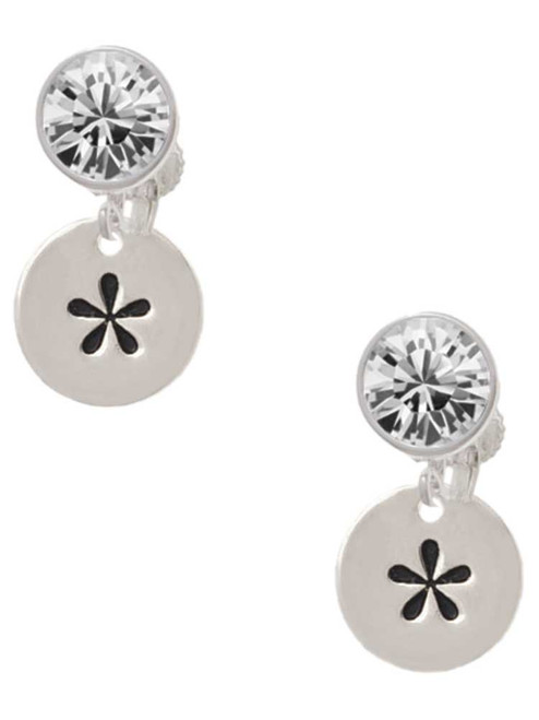 Silver Plated Disc - Symbol - Asterisk - * - Crystal Clip on Earrings: Color Choice - Red, Green, Blue, Purple, Pink, Clear, Black