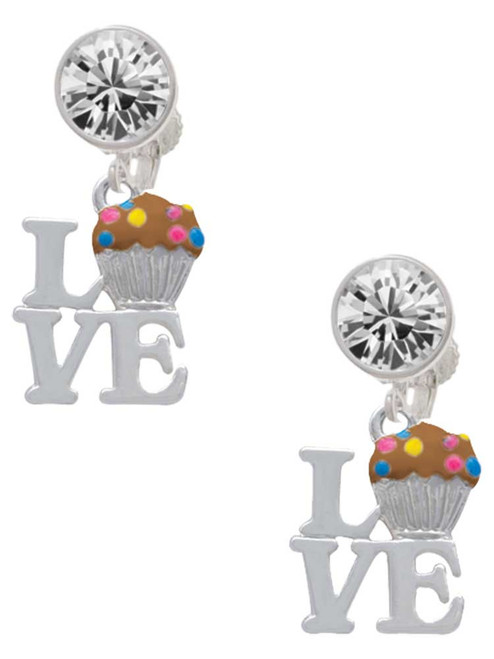 Silver Plated Love with Chocolate Cupcake - Crystal Clip on Earrings: Color Choice - Red, Green, Blue, Purple, Pink, Clear, Black