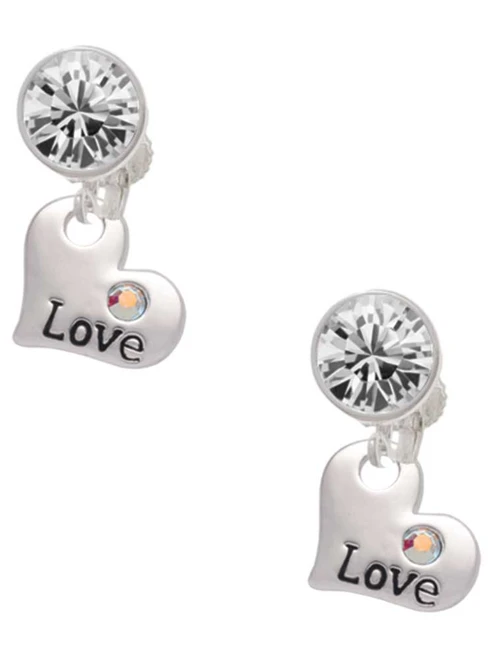Love Heart with AB Crystal - Crystal Clip on Earrings: Color Choice - Red, Green, Blue, Purple, Pink, Clear, Black