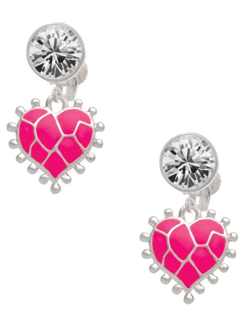 Silver Plated Hot Pink Giraffe Print Heart - Crystal Clip on Earrings: Color Choice - Red, Green, Blue, Purple, Pink, Clear, Black