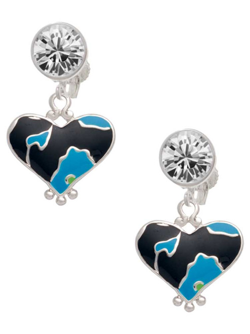 Silver Plated Hot Blue Large Cheetah Print Heart - Crystal Clip on Earrings: Color Choice - Red, Green, Blue, Purple, Pink, Clear, Black