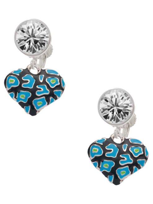 Silver Plated Hot Blue Cheetah Print Heart - Crystal Clip on Earrings: Color Choice - Red, Green, Blue, Purple, Pink, Clear, Black