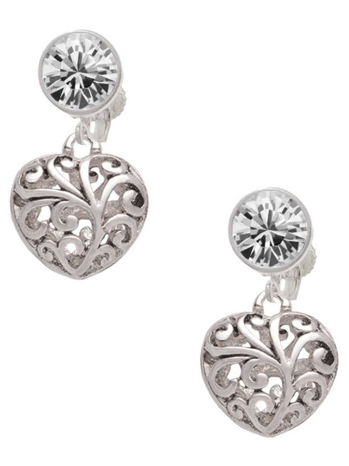 Silver Plated Medium Open Filigree Heart - Crystal Clip on Earrings: Color Choice - Red, Green, Blue, Purple, Pink, Clear, Black