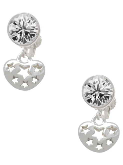 Silver Plated Small Heart with Cut Out Stars - Crystal Clip on Earrings: Color Choice - Red, Green, Blue, Purple, Pink, Clear, Black