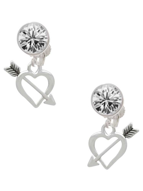 Silver Plated Open Cupid's Heart - Crystal Clip on Earrings: Color Choice - Red, Green, Blue, Purple, Pink, Clear, Black