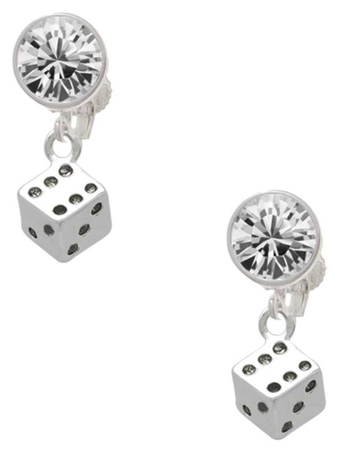 Silver Plated Dice - Crystal Clip on Earrings: Color Choice - Red, Green, Blue, Purple, Pink, Clear, Black