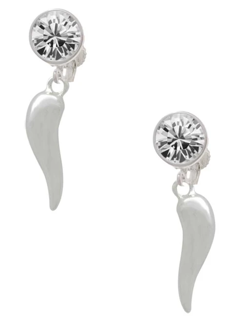 Silver Plated Good Luck Italian Horn - Crystal Clip on Earrings: Color Choice - Red, Green, Blue, Purple, Pink, Clear, Black