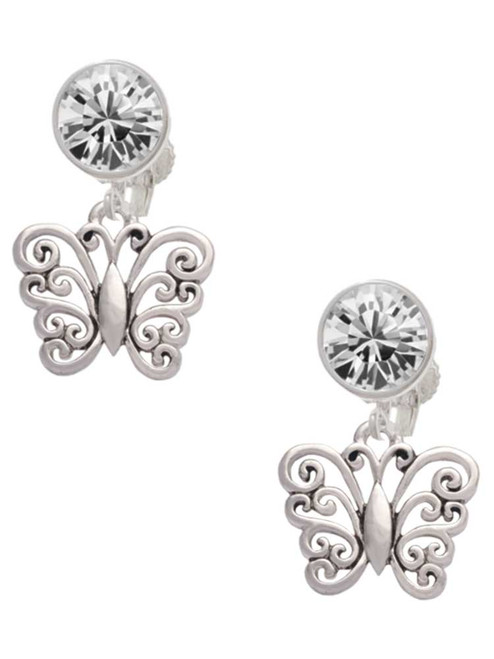 Filigree Curls Butterfly - Crystal Clip on Earrings: Color Choice - Red, Green, Blue, Purple, Pink, Clear, Black