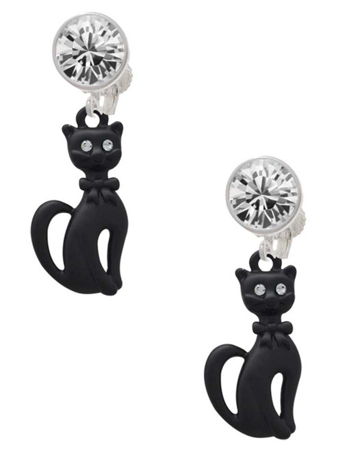 Tall Sitting Matte Black Cat - Crystal Clip on Earrings: Color Choice - Red, Green, Blue, Purple, Pink, Clear, Black