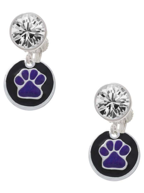 Silver Plated Purple Paw on Black Disc - Crystal Clip on Earrings: Color Choice - Red, Green, Blue, Purple, Pink, Clear, Black