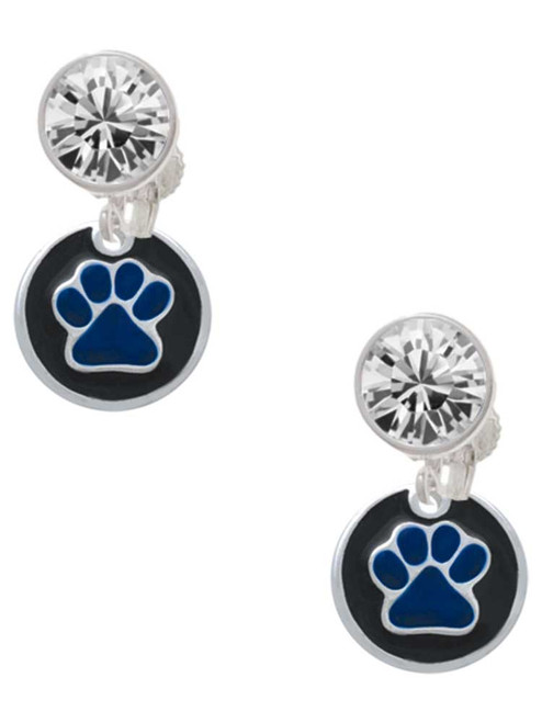Silver Plated Royal Blue Paw on Black Disc - Crystal Clip on Earrings: Color Choice - Red, Green, Blue, Purple, Pink, Clear, Black
