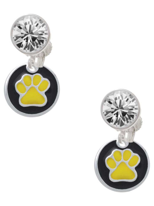 Silver Plated Yellow Paw on Black Disc - Crystal Clip on Earrings: Color Choice - Red, Green, Blue, Purple, Pink, Clear, Black