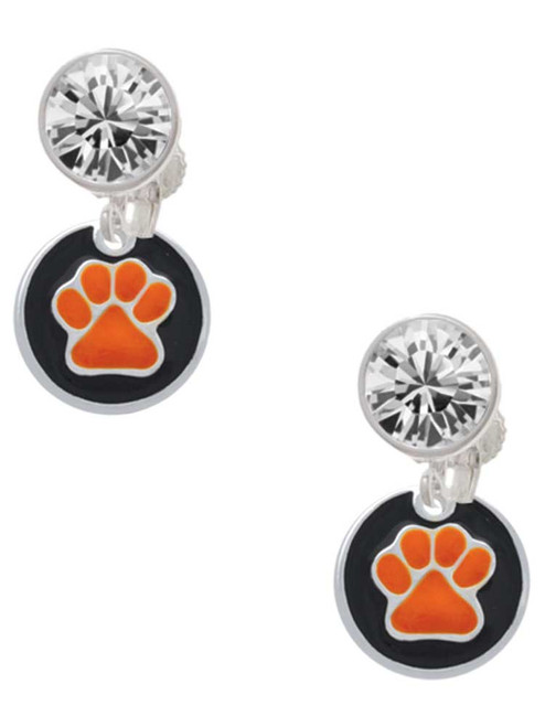 Silver Plated Orange Paw on Black Disc - Crystal Clip on Earrings: Color Choice - Red, Green, Blue, Purple, Pink, Clear, Black