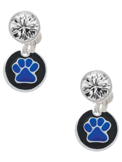 Silver Plated Navy Blue Paw on Black Disc - Crystal Clip on Earrings: Color Choice - Red, Green, Blue, Purple, Pink, Clear, Black