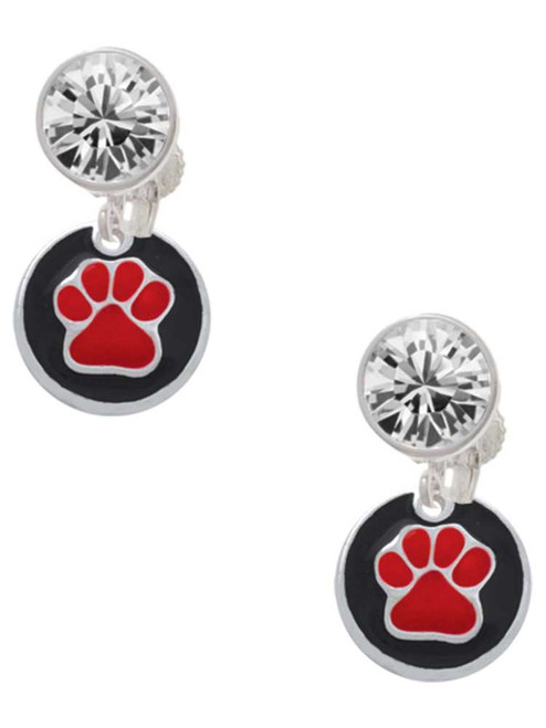 Silver Plated Red Paw on Black Disc - Crystal Clip on Earrings: Color Choice - Red, Green, Blue, Purple, Pink, Clear, Black